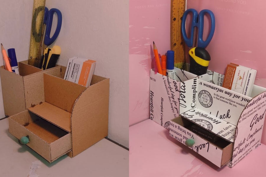 Sử dụng thùng carton cũ làm hộp bút